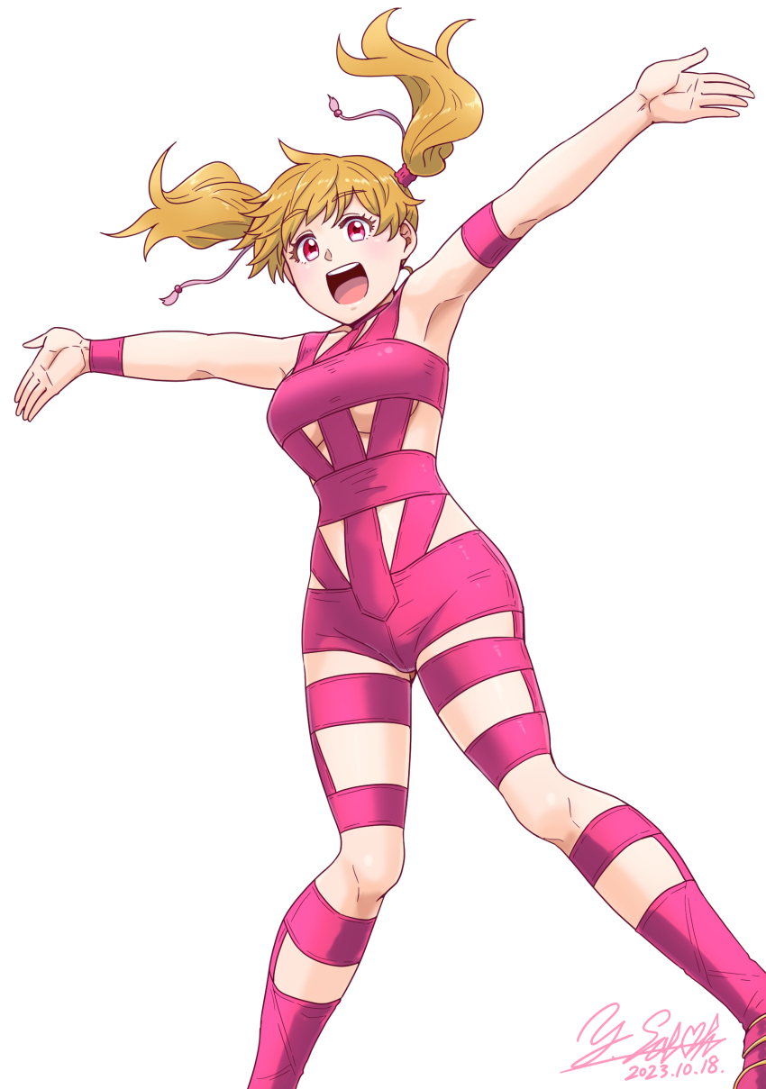 absurdres armband artist_name bodysuit boots breasts brown_hair commentary dated dutch_angle fresh_precure! highres hot_limit medium_breasts medium_hair momozono_love open_mouth outstretched_arms pink_bodysuit pink_boots pink_eyes precure satou_yasu signature simple_background smile spread_arms standing t.m.revolution twintails white_background wristband