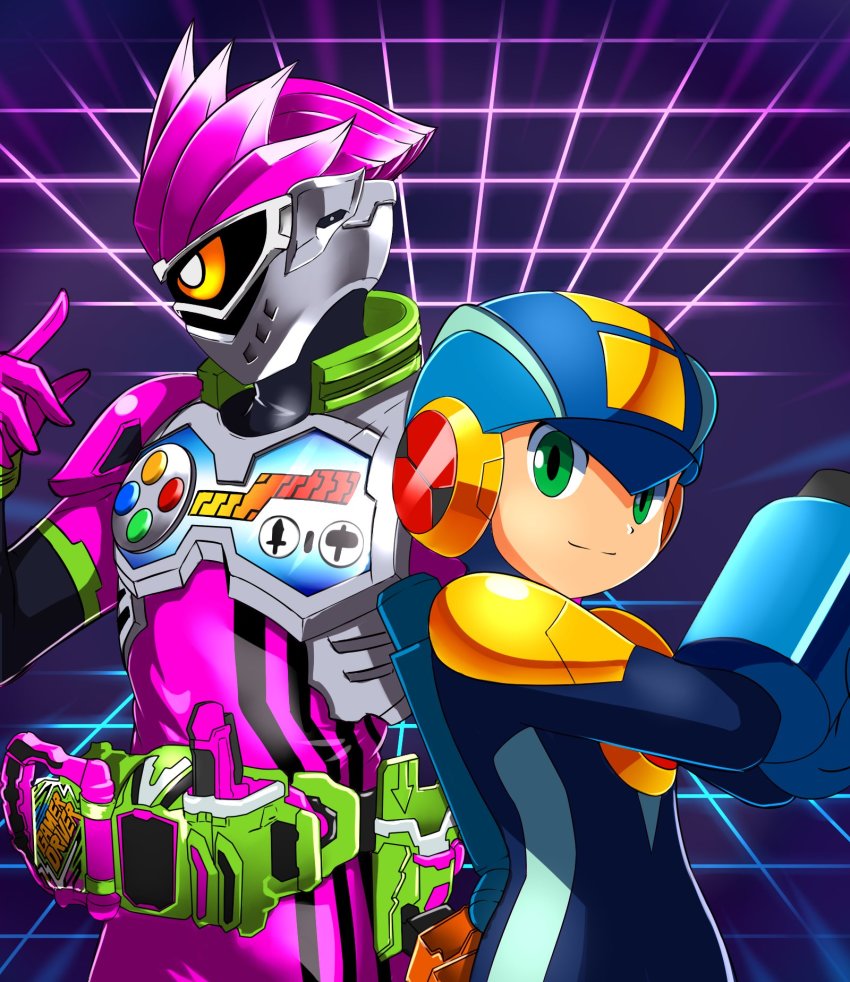 00s 2boys action_gamer_level_2 arm_cannon arm_up armor breastplate cowboy_shot gashacon_breaker green_eyes helmet highres kamen_rider kamen_rider_ex-aid kamen_rider_ex-aid_(series) looking_at_viewer male_focus mega_man_(series) mega_man_battle_network mega_man_battle_network_(series) megaman.exe mighty_action_x_level_2 multiple_boys pauldrons shoulder_armor shoulder_pads smile sugaaru sugaaru_(kusyunkun) trait_connection weapon