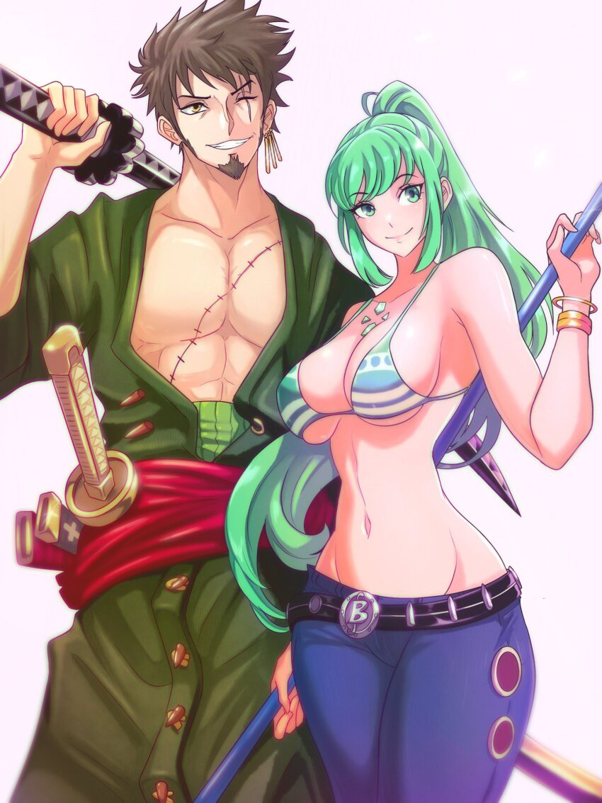 1boy 1girl aqua_eyes aqua_hair bangle bare_pectorals bikini bikini_top_only bracelet breasts brown_hair cosplay cowboy_shot denim facial_hair goatee grin highres jeans jewelry katana large_breasts long_hair nami_(one_piece) nami_(one_piece)_(cosplay) nami_(one_piece)_(return_to_sabaody) one_eye_closed one_piece opalis over_shoulder pants pectorals pneuma_(xenoblade) ponytail rex_(xenoblade) roronoa_zoro roronoa_zoro_(cosplay) scar scar_across_eye scar_on_chest scar_on_face second-party_source shiny_skin simple_background smile swimsuit sword very_long_hair weapon weapon_over_shoulder white_background xenoblade_chronicles_(series) xenoblade_chronicles_2 xenoblade_chronicles_3 yellow_eyes