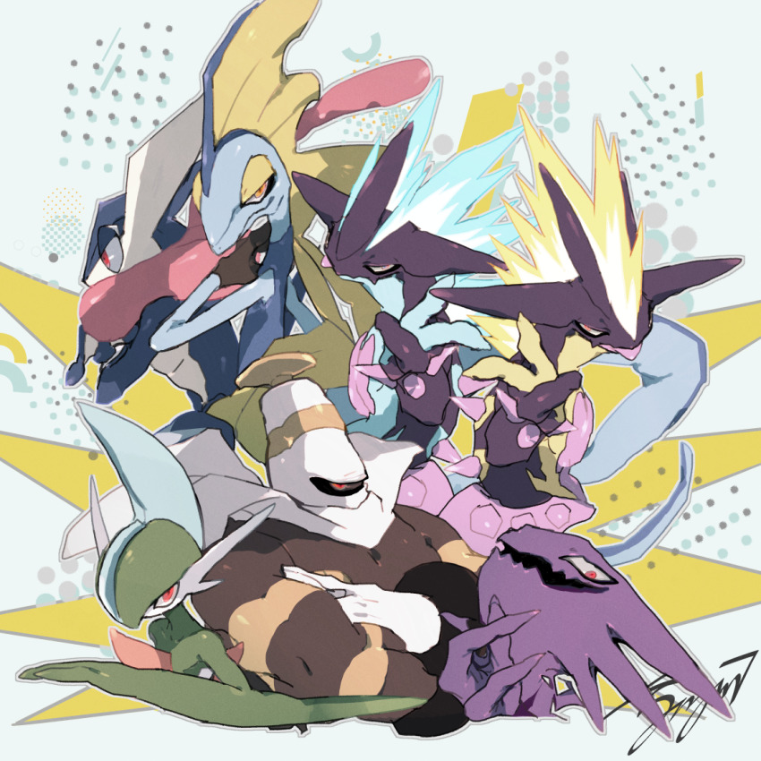blue_skin colored_skin crossed_arms dusknoir electricity gallade gen_1_pokemon gen_4_pokemon gen_6_pokemon gen_8_pokemon ghost green_hair green_skin greninja hair_over_one_eye haunter inteleon kanami_(bprod) multicolored_skin nintendo one-eyed pokemon pokemon_(creature) purple_skin red_eyes signature toxtricity toxtricity_(amped) toxtricity_(low_key) two-tone_skin white_skin