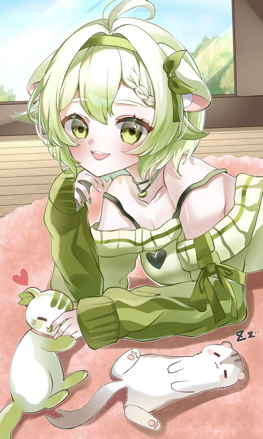ahoge animal animal_ears bare_shoulders blue_sky bra_strap braid day double_strap_slip ferret ferret_ears ferret_girl food fruit gradient_hair green_eyes green_hair green_nails green_sweater hairband hand_on_own_face heart highres indie_virtual_youtuber laimu_(vtuber) laimu_(vtuber)_(cozy) lime_(fruit) lime_necklace lime_slice limon_(laimu) looking_at_viewer lying miza8276 multicolored_hair on_stomach open_mouth pink_nails ribbon rug sky sleeping sleeves_past_wrists smile strap_slip sweater tree two-tone_hair vinesauce virtual_youtuber white_hair window wooden_floor