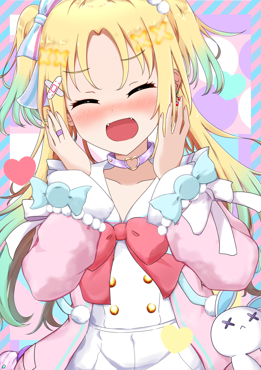 1girl :d ^_^ absurdres aqua_hair blonde_hair blush choker closed_eyes coat collarbone commentary_request dress facing_viewer fangs gradient_hair hair_bobbles hair_ornament hair_ribbon hakuchu_a_la_mode heart heart_o-ring heart_ring_choker highres link!_like!_love_live! long_hair long_sleeves love_live! multicolored_hair nose_blush o-ring o-ring_choker official_alternate_costume open_mouth osawa_rurino parted_bangs pink_coat puffy_long_sleeves puffy_sleeves purple_choker ribbon sailor_dress smile solo striped_ribbon tademaru._(hanayo_kawaee) twintails upper_body virtual_youtuber white_dress white_ribbon