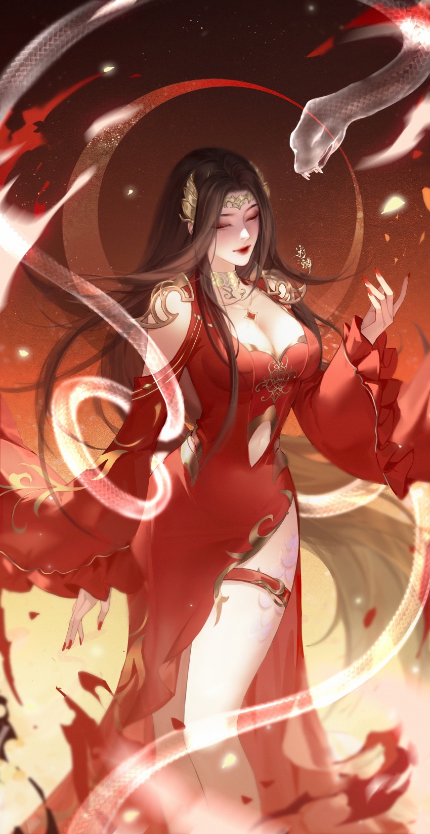 1girl absurdres bare_legs cai_lin_(doupo_cangqiong) closed_eyes closed_mouth clothing_cutout collar doupo_cangqiong gugu_zhen_de_cai hair_ornament highres jewelry long_sleeves metal_collar necklace red_nails scales second-party_source shoulder_cutout smile solo thigh_strap torn_clothes transparent_animal upper_body
