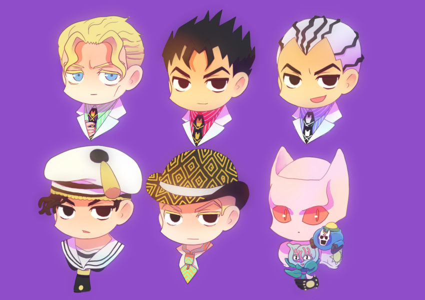 2others 5boys animal_ears black_eyes black_hair black_hat black_necktie blonde_hair blue_eyes bowler_hat cat_ears cheekbones chibi chibi_only colored_sclera commentary commentary_request cropped_shoulders dead_man&#039;s_questions diamond_wa_kudakenai formal_clothes green_necktie green_shirt hat higashikata_josuke_(jojolion) highres jojo_no_kimyou_na_bouken jojolion kawajiri_kosaku killer_queen kira_yoshikage long_bangs looking_at_viewer male_focus multicolored_hair multiple_boys multiple_others necktie purple_shirt red_eyes red_sclera red_shirt sailor sailor_collar sailor_hat sheer_heart_attack shirt slit_pupils stand_(jojo) stray_cat_(jojo) striped_clothes striped_hair striped_shirt suit two-tone_hair user_fzja5827 white_hair white_hat white_sailor_collar