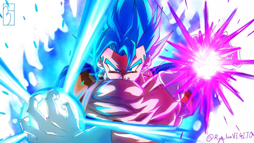 1boy aura blue_eyes blue_hair blue_shirt dougi dragon_ball dragon_ball_super dragon_ball_z_dokkan_battle earrings gloves highres jewelry male_focus medium_hair muscular muscular_male orange_shirt potara_earrings ryo_lovevegito shirt simple_background solo spiked_hair super_saiyan super_saiyan_blue upper_body vegetto white_background white_gloves