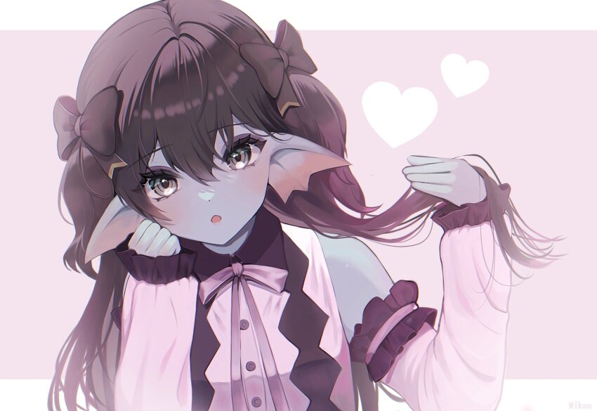 1girl aqua_eyes aqua_skin black_bow black_hair blouse border bow colored_skin commentary_request detached_sleeves dragon_quest dragon_quest_x eyeshadow fins fish_girl frills hair_between_eyes hair_bow hand_in_own_hair hand_on_own_cheek hand_on_own_face head_fins heart highres jirai_kei long_hair looking_at_viewer makeup nikon_(user_aznh7528) open_mouth pink_background pink_bow pink_sleeves purple_eyeshadow shirt short_twintails solo twintails upper_body weddie_(dq10) white_border