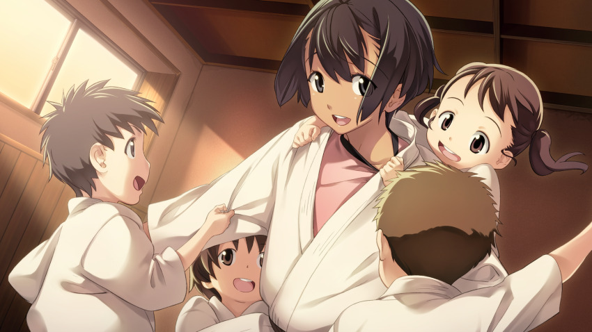 1other 2boys 2girls black_hair bob_cut brown_eyes child collar_tug daitoku_junna dark-skinned_female dark_skin dojo dougi dutch_angle fukuda_tomonori game_cg grey_eyes grey_hair happy highres indoors karate karate_gi looking_at_viewer multiple_boys multiple_girls non-web_source official_art pink_shirt robotics;notes shiny_eyes shiny_skin shirt short_hair smile sunlight sunset t-shirt teeth twintails upper_teeth_only window