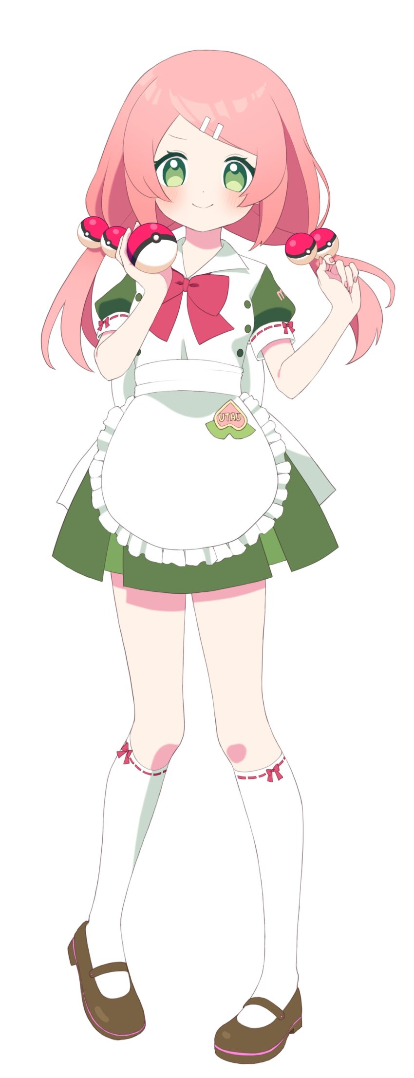 1girl absurdres apron blush bow brown_shoes buttons double-breasted dress dress_bow fingernails full_body green_eyes hair_ornament highres holding holding_poke_ball kneehighs momone_momo nintendo pink_bow pink_hair pink_nails poke_ball poke_ball_hair_ornament pokemon shirai_sahuni shoes simple_background smile socks twintails utau white_apron white_background white_socks