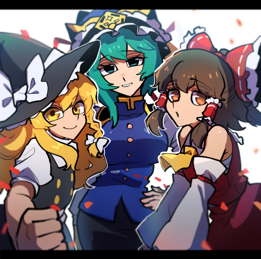 3girls blonde_hair blurry bow brown_eyes brown_hair depth_of_field detached_sleeves green_eyes green_hair grin hair_bow hair_tubes hakurei_reimu highres iganashi1 kirisame_marisa letterboxed multiple_girls one-hour_drawing_challenge red_vest shiki_eiki simple_background smile straight-on touhou vest white_background yellow_eyes