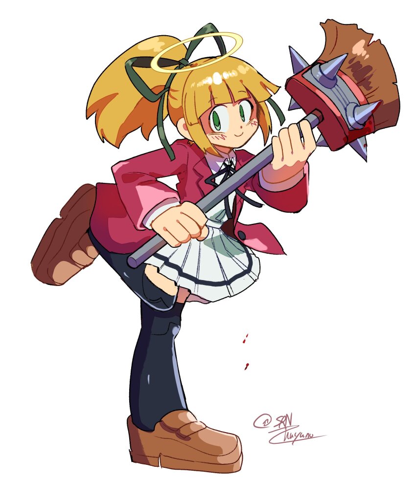1girl black_thighhighs blonde_hair blush bokusatsu_tenshi_dokuro-chan broom brown_footwear cosplay full_body green_eyes halo high_ponytail highres holding holding_broom jacket long_hair looking_at_viewer mega_man_(classic) mega_man_(series) mitsukai_dokuro mitsukai_dokuro_(cosplay) pink_jacket ponytail roll_(mega_man) shirt simple_background skirt smile solo srnhuyuno thighhighs white_background white_shirt white_skirt