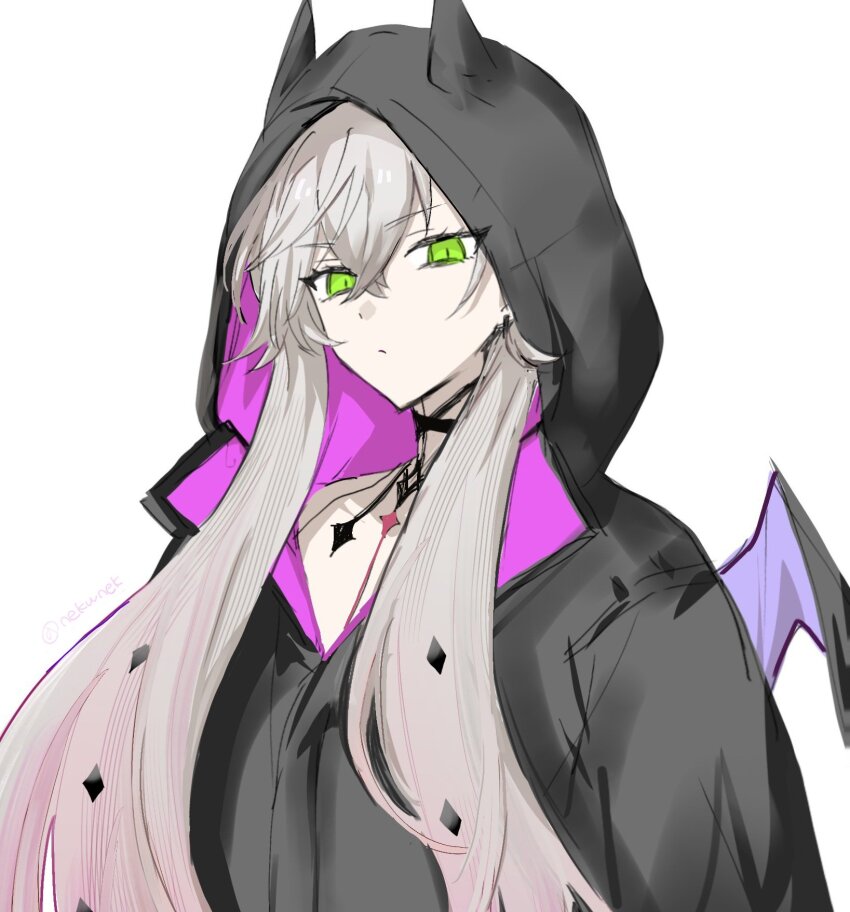 1girl black_wings closed_mouth commentary crossed_bangs demon_girl demon_wings fate/grand_order fate_(series) green_eyes hair_between_eyes hashtag-only_commentary highres hood hood_up horns lilith_(fate) long_hair looking_at_viewer nekwnek simple_background solo twintails very_long_hair white_background wings