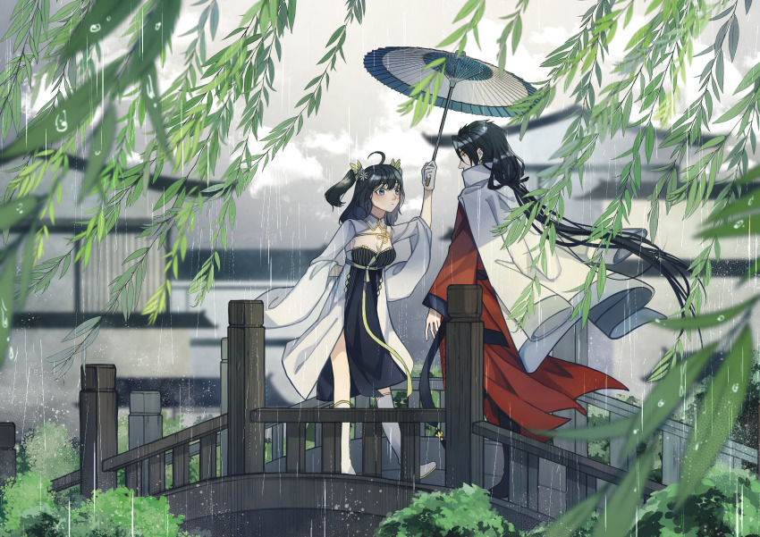 1boy 1girl :| architecture arm_behind_back black_dress black_footwear black_hair blue_eyes blurry boots breasts bridge building bush butterfly_hair_ornament chinese_clothes cleavage closed_mouth coat coat_on_shoulders depth_of_field dress earrings east_asian_architecture eye_contact female_master_(the_tale_of_food) full_body gloves hair_between_eyes hair_ornament highres holding holding_umbrella jewelry kocona lianhua_blood_duck_(the_tale_of_food) light_blush long_hair long_sleeves looking_at_another low_ponytail medium_breasts medium_dress medium_hair official_alternate_costume oil-paper_umbrella overcast pinstripe_dress pinstripe_pattern plant ponytail profile rain red_robe robe sash shared_umbrella shrug_(clothing) side_slit sky standing strapless strapless_dress striped the_tale_of_food tree two_side_up umbrella white_coat white_footwear white_gloves white_sleeves wide_sleeves willow wooden_bridge yellow_sash