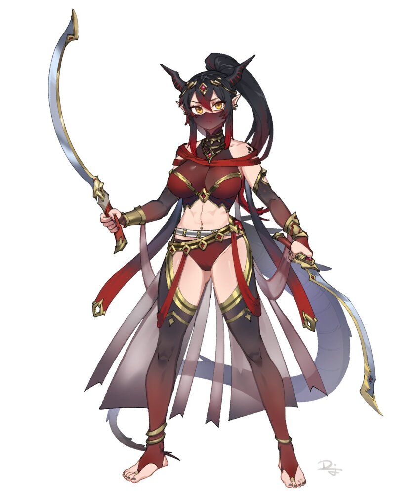 alternate_costume anklet arabian_clothes assassin bare_shoulders belt black_hair black_nails black_thighhighs breasts bridal_gauntlets commentary commission difman dragon_girl dragon_horns dragon_tail dual_wielding earrings english_commentary feet fighting_stance forehead_jewel gold_trim gradient_legwear heel-less_legwear high_ponytail highres holding holding_weapon horns jewelry khopesh large_breasts long_bangs lys_(atelier951) midriff mouth_veil multicolored_hair multiple_belts nail_polish navel necklace original panties pointy_ears ponytail red_hair red_panties red_thighhighs scales see-through_clothes signature silk streaked_hair tail tassel thighhighs thighs toe_ring toeless_legwear toenail_polish toenails toes toned underwear vambraces veil weapon white_background yellow_eyes