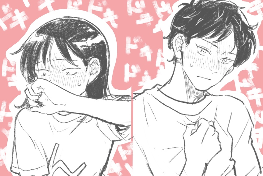 1boy 1girl :| arm_up blush closed_mouth clutching_chest covering_own_mouth ear_blush full-face_blush furrowed_brow futsuu_no_keion-bu greyscale_with_colored_background hand_on_own_chest hatono_chihiro heartbeat hetero highres looking_down mizuo_haruichi nervous nervous_sweating outline protected_link red_background shirt short_hair short_sleeves sound_effects split_screen sweat t-shirt tanbo_mzht text_background tsurime upper_body white_outline