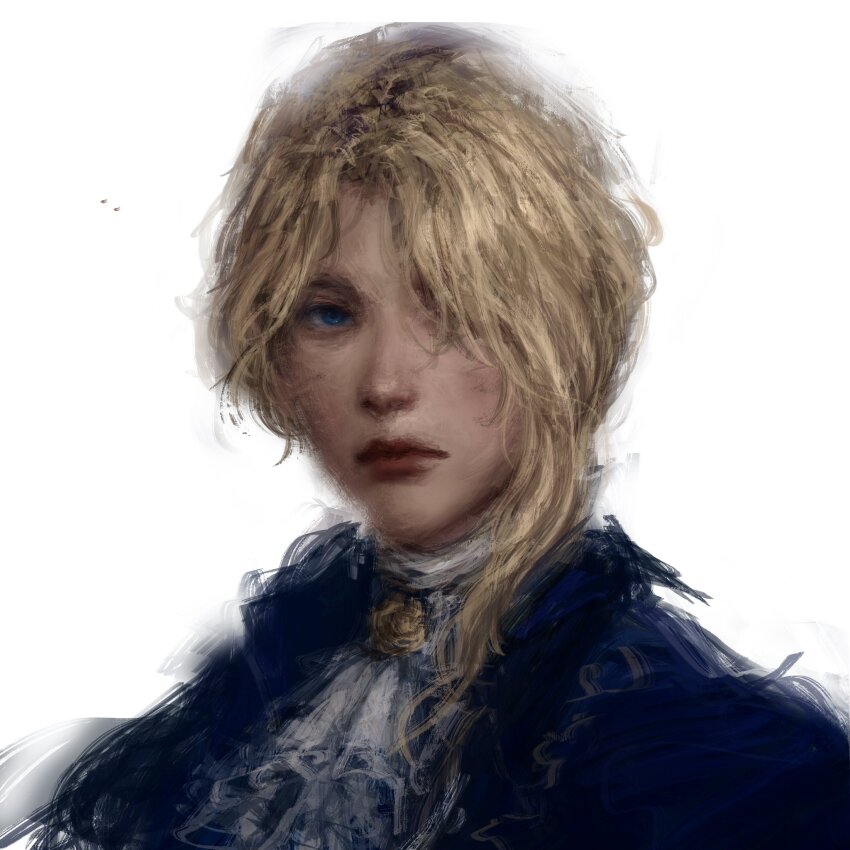 1girl all_lee24 ascot asymmetrical_bangs blonde_hair blue_eyes blue_jacket brooch duchess_(elden_ring) elden_ring elden_ring_nightreign hair_over_one_eye highres jacket jewelry portrait short_hair single_sidelock solo white_ascot white_background