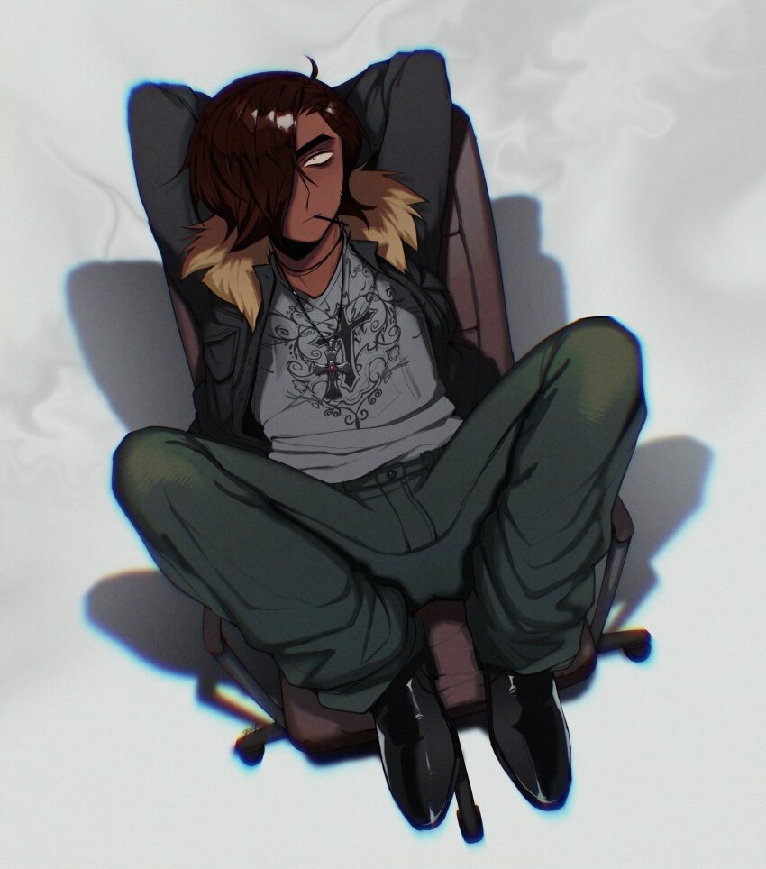 1boy absurdres ahoge alternate_costume black_jacket black_shoes brown_hair chair commentary cross cross_necklace cross_print dark-skinned_male dark_skin emo_fashion existenc3 fur-trimmed_jacket fur_trim green_pants grey_background grey_shirt hair_over_one_eye highres jacket jewelry looking_at_viewer m_legs male_focus matthew_patel necklace office_chair open_clothes open_jacket pants print_shirt reclining scott_pilgrim_(series) shirt shoes short_hair simple_background sitting solo spread_legs swivel_chair