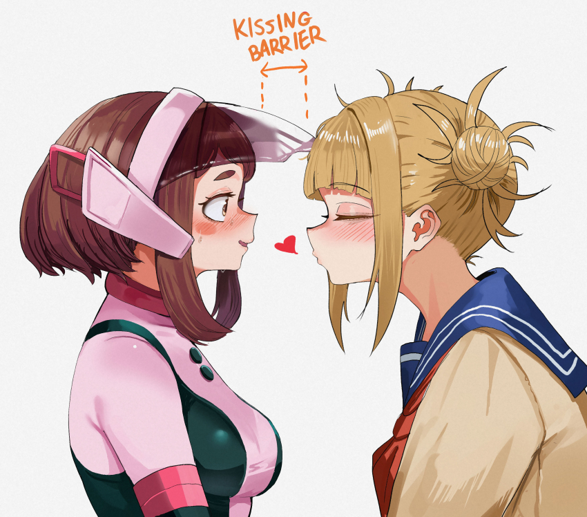 2girls absurdres black_bodysuit blonde_hair blue_sailor_collar blush bodysuit boku_no_hero_academia breasts brown_eyes brown_hair cardigan heart highres matching_hair/eyes medium_breasts multicolored_bodysuit multiple_girls neckerchief pink_bodysuit puckered_lips red_neckerchief sailor_collar school_uniform sidelocks superhero_costume sweat toga_himiko uraraka_ochako uraraka_ochako_(hero_outfit) visor_(armor) white_background white_bodysuit yellow_cardigan yuri zd_(pixiv6210083)