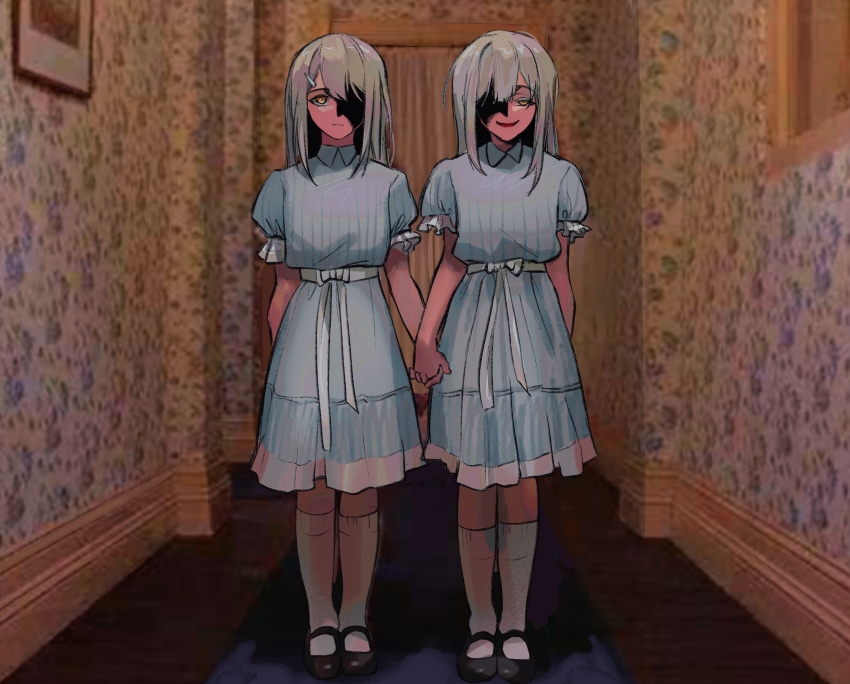 2girls absurdres belt black_shoes blue_dress chinese_commentary closed_mouth commentary_request dress dual_persona evil_smile green_hair hero45439083942 highres holding_hands kneehighs long_hair mortis_(bang_dream!) mortis_(persona)_(bang_dream!) multiple_girls open_mouth photo_background shoes short_sleeves smile socks standing the_shining wakaba_mutsumi white_belt white_socks yellow_eyes