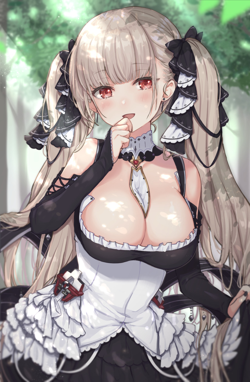 1girl azur_lane bare_shoulders between_breasts black_bow black_dress black_nails blurry bow breasts brown_hair cleavage day detached_collar dress female_focus fingernails forest formidable_(azur_lane) frilled_dress frills hair_bow hand_up highres kon_(k0n16) large_breasts long_hair long_sleeves looking_at_viewer nail_polish nature outdoors parted_lips red_eyes smile solo sunlight tree twintails upper_body very_long_hair