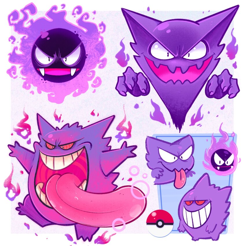 colored_sclera commentary evolutionary_line fangs flame-tipped_tail game_freak gastly gen_1_pokemon gengar ghost grin haunter highres looking_at_viewer mostlyghostly nintendo no_humans open_mouth poke_ball poke_ball_(basic) pokemon pokemon_(creature) rayman_limbs red_eyes red_sclera simple_background smile symbol-only_commentary teeth tongue tongue_out