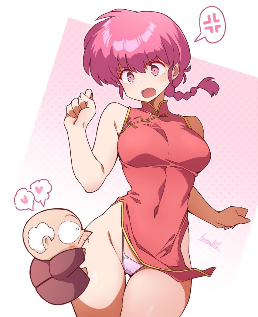 1boy 1girl anger_vein balding batta_16-sei blue_eyes braid braided_ponytail breasts china_dress chinese_clothes commentary_request cowboy_shot dress facial_hair genderswap genderswap_(mtf) happosai heart highleg highleg_panties highres hugging_another&#039;s_leg mustache old old_man open_mouth panties pelvic_curtain pervert pink_hair ranma-chan ranma_1/2 red_dress signature sleeveless sleeveless_dress spoken_anger_vein spoken_heart thigh_gap underwear white_hair white_panties