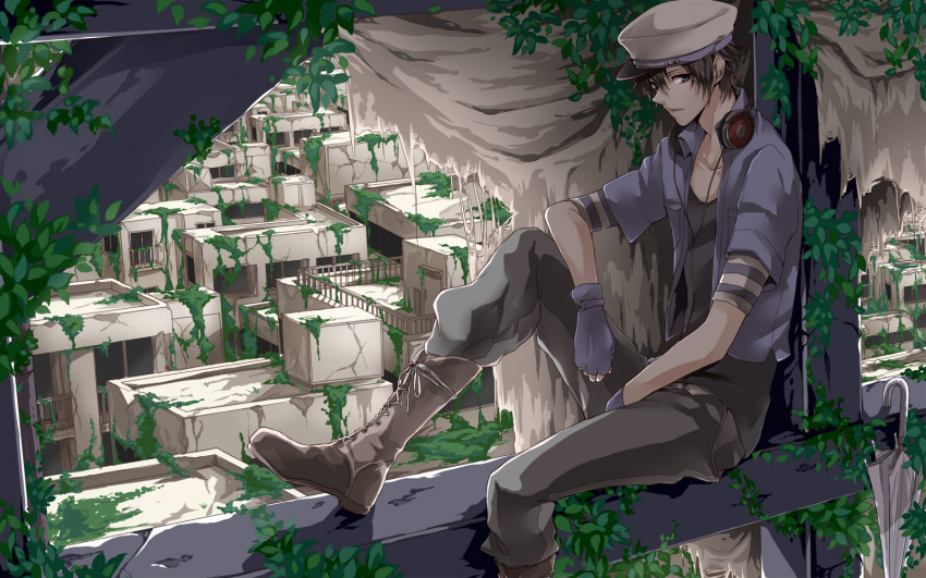 1boy ama_no_jaku_(vocaloid) belt black_hair blue_gloves boots fingerless_gloves gamu gloves hat headphones headphones_around_neck highres lace-up_boots looking_at_viewer male_focus niconico open_clothes open_shirt parody plant shirt sitting solo soraru umbrella utaite vines vocaloid