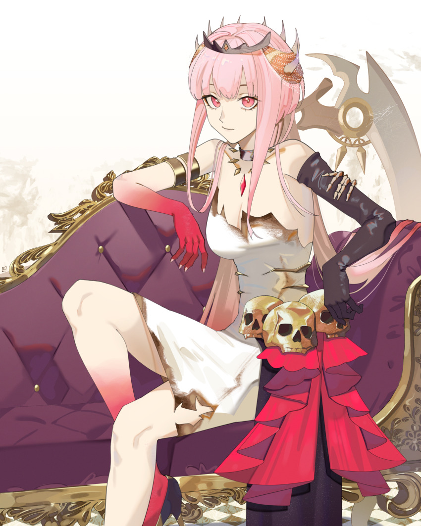 1girl absurdres alternate_costume armpits bare_shoulders black_gloves breasts burnt_clothes colored_extremities colored_hands commentary dress english_commentary feet_out_of_frame gloves highres hololive hololive_english large_breasts long_hair mori_calliope ninochuu pink_eyes pink_hair pink_nails red_ribbon ribbon scythe single_glove sitting skull tiara torn_clothes torn_dress very_long_hair virtual_youtuber white_dress