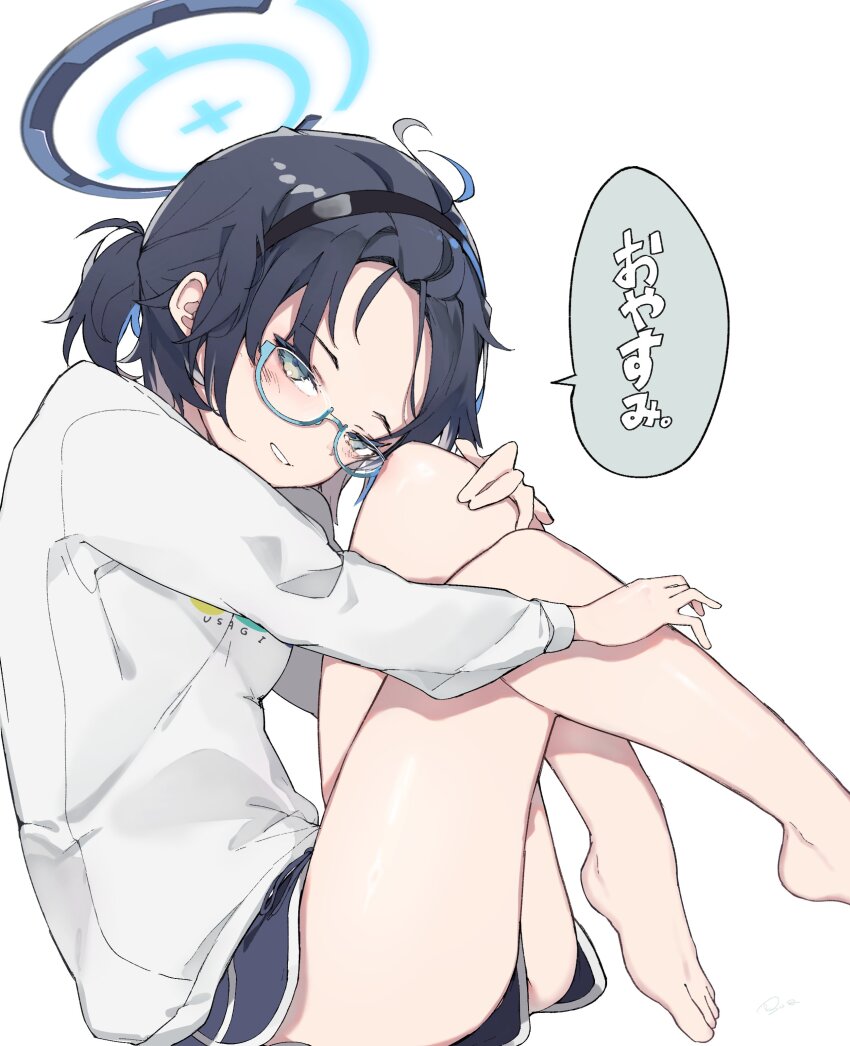 1girl absurdres artist_name barefoot blue_archive blue_halo blue_shorts chihiro_(blue_archive) dolphin_shorts feet grin halo highres hugging_own_legs knees_up long_sleeves looking_at_viewer ryo_(ryo_skrdi) short_hair shorts simple_background sitting smile solo sweater white_background white_sweater