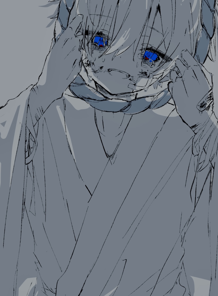 1boy bandaged_wrist bandaged_wrists bandages bandaid bandaid_on_cheek bandaid_on_face bandaid_on_hand blood blue_eyes bruise bruise_on_face facing_viewer fangs hair_between_eyes hands_up highres injury japanese_clothes kimono long_sleeves looking_at_viewer male_focus monochrome noose open_mouth original piyopiyomaru_(piyopiyomaru_0) sad sad_smile shiro_(piyopiyomaru_(piyopiyomaru_0) short_hair smile solo sweatdrop tearing_up teeth upper_teeth_only
