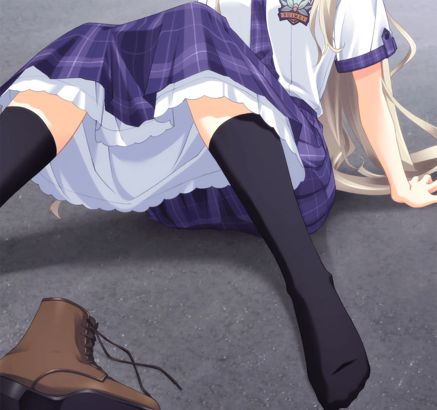 1girl arm_support black_socks boots brown_boots chaos;head chaos;head_love_chu_chu! collared_shirt concrete game_cg green_hair highres kneehighs knees_together_feet_apart knees_up kusunoki_yua lace-up_boots leather leather_boots legs long_hair long_skirt matsuo_yukihiro necktie official_art on_ground plaid_clothes plaid_skirt plaid_trim pleated_skirt purple_necktie purple_skirt purple_sleeves school_emblem school_uniform shirt shoes short_sleeves sitting skirt socks solo suimei_academy suimei_school_uniform suimei_summer_uniform unworn_shoes upskirt white_petticoat