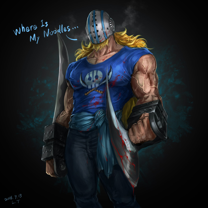... 1boy blonde_hair blood blood_on_clothes bloody_weapon blue_shirt chinese_commentary commentary commentary_request dated english_commentary english_text facial_hair facial_hair_through_mask goatee highres hockey_mask holding holding_weapon killer_(one_piece) long_hair male_focus mask mixed-language_commentary muscular muscular_male one_piece peiluona_dejumimi shirt short_sleeves signature skull solo weapon