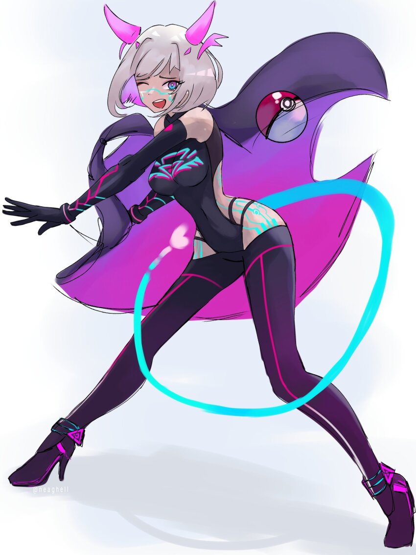 1girl ;d aqua_eyes black_bodysuit bob_cut bodysuit breasts cape colored_inner_hair detached_horns gradient_hair gradient_horns groin hair_intakes headphones highres hip_vent holographic_horns horns indie_virtual_youtuber large_breasts medium_breasts medium_hair motherv3 multicolored_eyes multicolored_hair multicolored_horns neaghelly_stn neon_trim one_eye_closed open_mouth pink_horns poke_ball poke_ball_(basic) purple_cape purple_eyes purple_hair purple_horns smile solo tail throwing throwing_poke_ball tossing two-tone_eyes virtual_youtuber