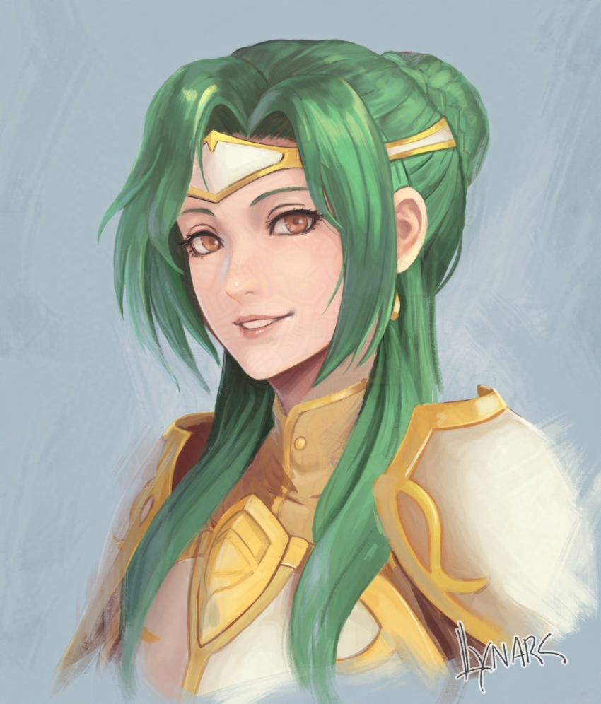 1girl armor artist_name breastplate circlet earrings elincia_ridell_crimea fire_emblem fire_emblem:_path_of_radiance green_hair hair_bun highres jewelry long_hair looking_at_viewer lynarc nintendo orange_eyes parted_lips portrait shoulder_armor simple_background single_hair_bun smile solo upper_body white_armor