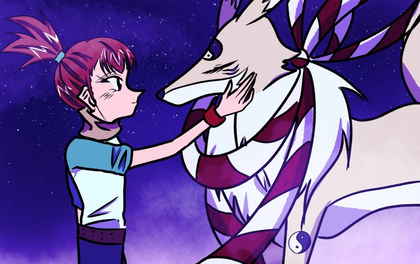 brown_hair digimon digimon_(creature) digimon_tamers hair_ornament hairpin highres kitsune kyubimon kyuubi long_hair makino_ruki multiple_tails ponytail purple_eyes tail