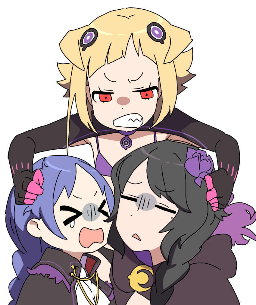 3girls absurdres black_hair blonde_hair braid braided_ponytail cape capella_emerada_lugnica elsa_granhilte flower fur_trim hair_flower hair_ornament highres meili_portroute mole mole_under_eye multiple_girls purple_flower purple_rose re:zero_kara_hajimeru_isekai_seikatsu red_eyes rose