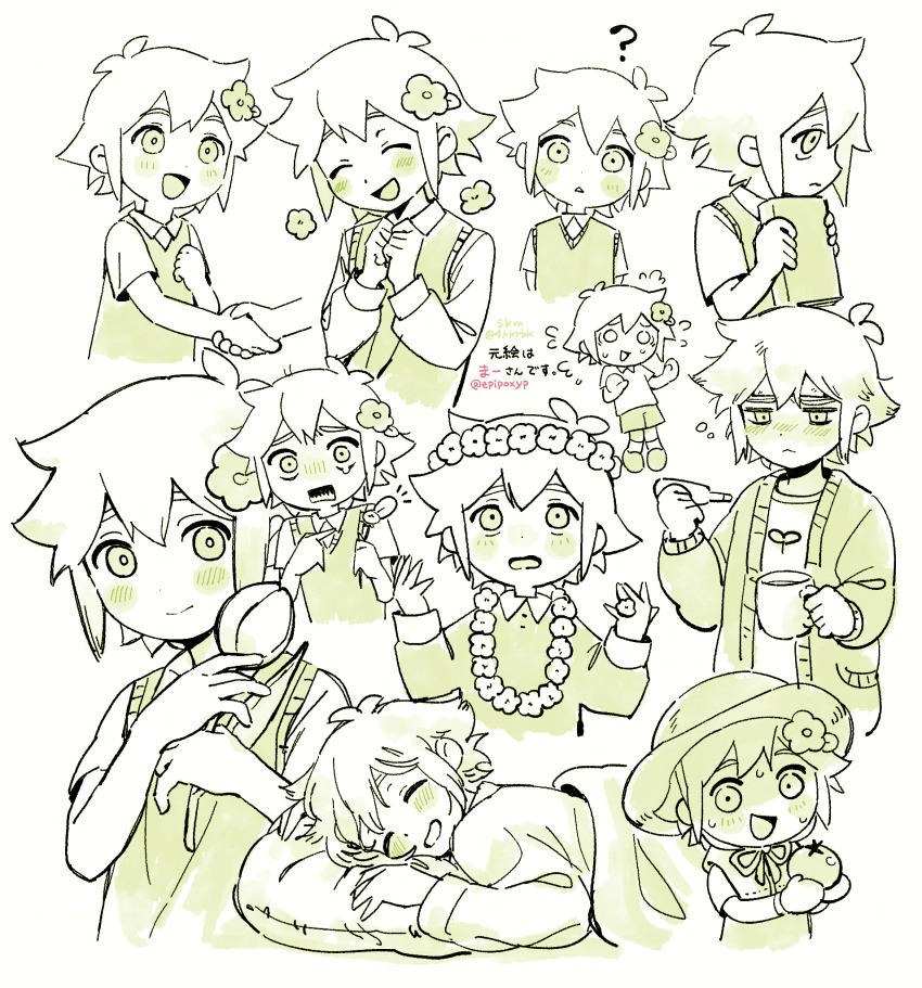 1boy 4kkrbk alternate_costume alternate_sleeve_length antenna_hair basil_(faraway)_(omori) basil_(omori) basket blush book closed_eyes closed_mouth collared_shirt flower greyscale hair_flower hair_ornament hat head_wreath highres holding holding_book holding_flower long_sleeves looking_at_viewer lying male_focus monochrome omori on_stomach open_mouth parted_lips pillow shirt short_hair short_sleeves simple_background sleeping smile solo speech_bubble squeans sun_hat translation_request tulip under_covers