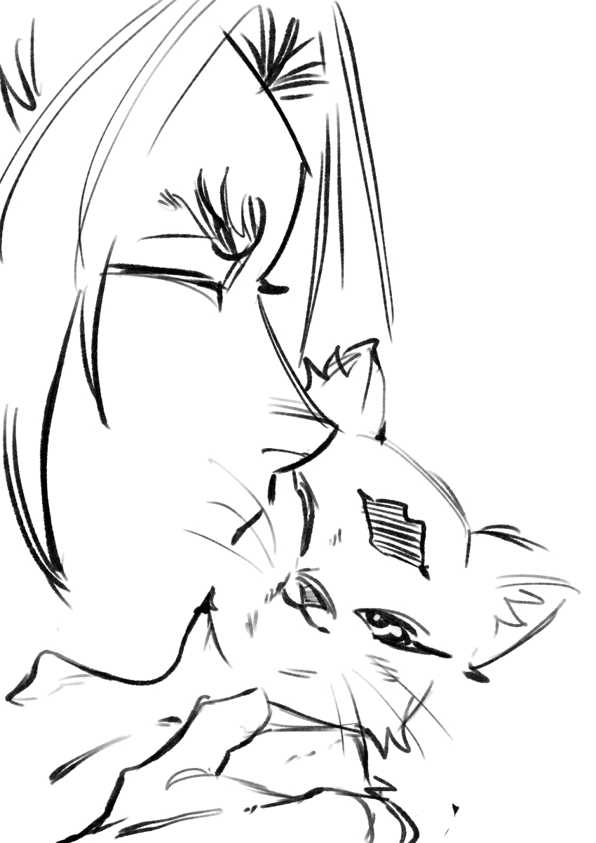 1boy absurdres angel angel_boy animal cat close-up closed_eyes highres holding holding_animal kiss kissing_animal kissing_cheek lipstick_mark lucifer_(shuumatsu_no_valkyrie) male_focus nanako_nuchitsu one_eye_closed short_hair shuumatsu_no_valkyrie smile