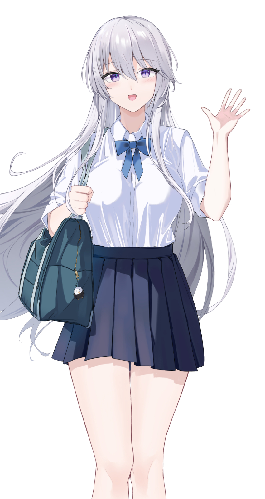 1girl :d absurdres alternate_costume azur_lane bag bag_charm bald_eagle bird bird_ornament blue_bag blue_eyes blue_necktie blue_skirt breasts charm_(object) collared_shirt commentary_request eagle enterprise_(azur_lane) grim_(azur_lane) hair_between_eyes hand_up highres large_breasts long_hair looking_at_viewer necktie open_mouth pleated_skirt rubisco school_bag school_uniform shirt shirt_tucked_in shoulder_bag simple_background skirt smile solo standing thighs very_long_hair waving white_background white_hair zipper_pull_tab
