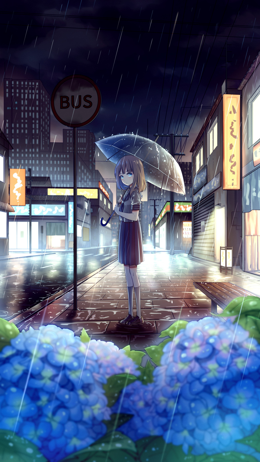 1girl absurdres banjie bench black_neckerchief black_sailor_collar black_skirt blue_eyes brick_floor brown_hair brown_shoes building chinese_commentary city closed_mouth commentary_request flower full_body grey_socks highres holding holding_umbrella hydrangea looking_at_viewer medium_hair neckerchief night original outdoors pleated_skirt rain road road_sign sailor_collar school_uniform serafuku shirt shoes short_sleeves sign skirt socks solo standing transparent transparent_umbrella umbrella white_shirt