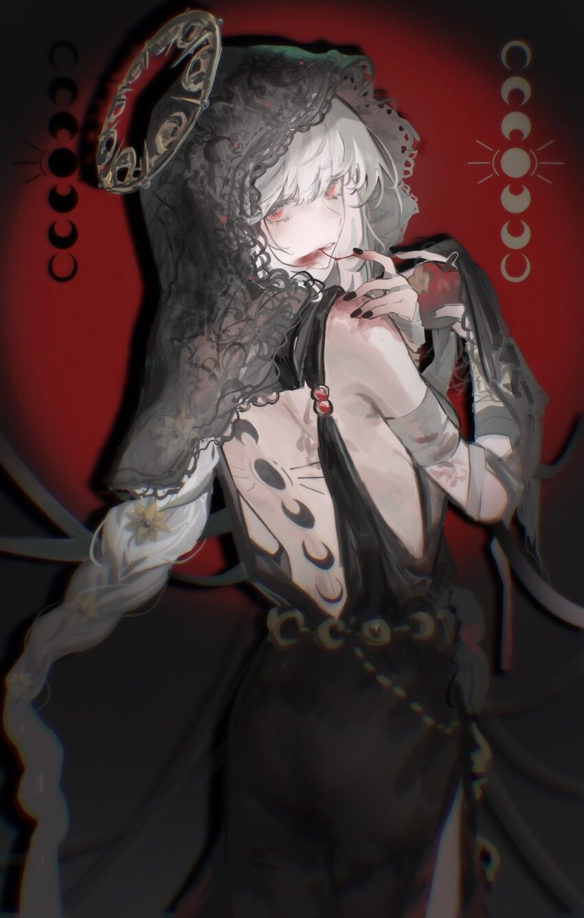 1girl alternate_costume alternate_hairstyle apple back_tattoo bare_back bitten_apple black_dress black_skirt blood blood_on_face braid braided_ponytail clothing_request crescent_moon dress food food_bite fruit hair_ornament halo highres holding holding_food holding_fruit kotowaza looking_at_viewer moon no_bra red_background red_eyes reverse:1999 see-through_clothes semmelweis_(reverse:1999) skirt smile solo tattoo vampire white_hair
