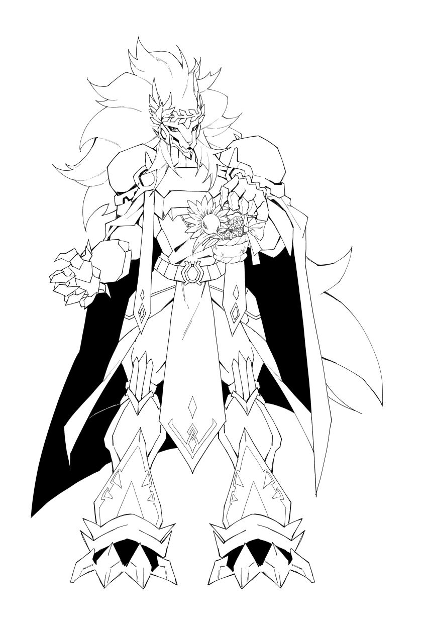 1boy absurdres apollomon armor blossomon cape digimon digimon_(creature) highres looking_at_viewer male_focus petals solo