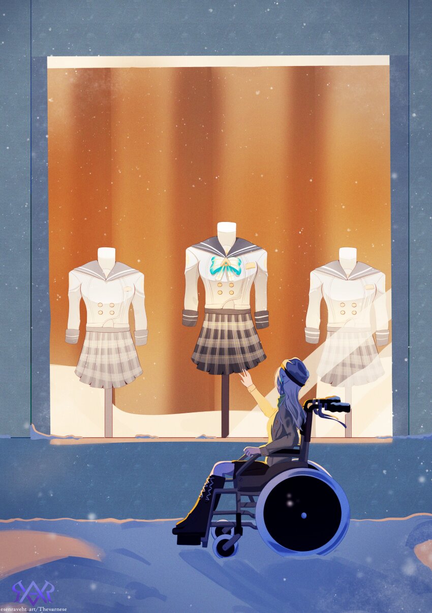 1girl absurdres beanie black_boots black_skirt blue_ribbon boots bow bowtie buttons coat double-breasted firefly_(honkai:_star_rail) firefly_(spring_missive)_(honkai:_star_rail) green_bow green_bowtie grey_hair grey_sailor_collar grey_skirt hair_between_eyes hair_ornament hat highres honkai:_star_rail honkai_(series) long_hair mannequin plaid_bow plaid_bowtie plaid_clothes pleated_skirt ribbon sailor_collar skirt snow snowing solo thevarnese wheelchair window winter_clothes winter_coat