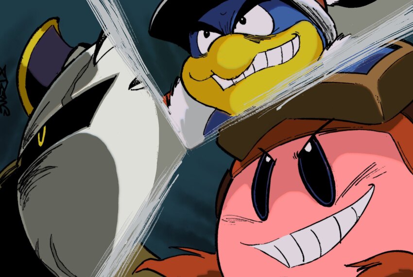 armor colored_skin getter_robo goggles goggles_on_head grin highres king_dedede kirby kirby:_planet_robobot kirby_(series) mask meta_knight nintendo parody pauldrons pink_skin shoulder_armor smile teeth v-shaped_eyebrows xtremexavier