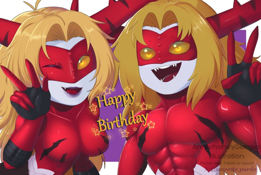 1boy 1girl absurdres digimon fang highres mask muscular muscular_female muscular_male one_eye_closed oridigi smile venomvamdemon wink