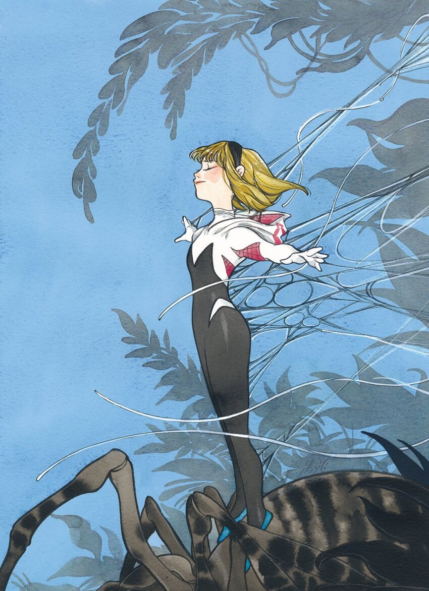 1girl animal black_bodysuit black_hairband blonde_hair blue_background blue_shoes bodysuit bug closed_eyes commentary dated_commentary full_body gwen_stacy hairband highres hood hood_down hooded_bodysuit marvel multicolored_bodysuit outstretched_arms peach_momoko shoes short_hair silk skin_tight solo spider spider-gwen spider-man_(series) spider_web spider_web_print spread_arms standing two-tone_bodysuit white_bodysuit
