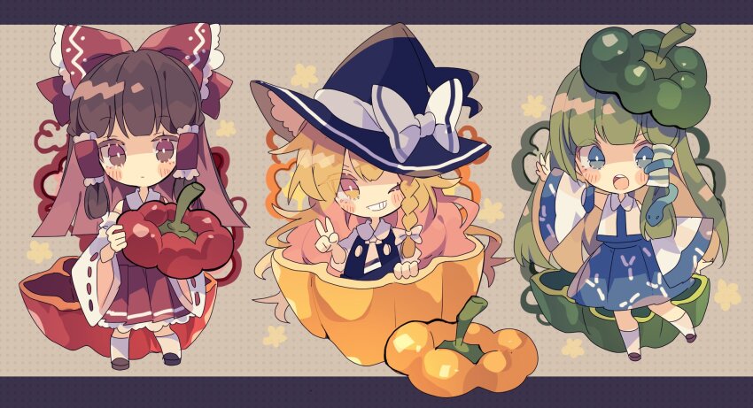 3girls bell_pepper bell_pepper_slice blonde_hair blue_skirt bow braid brown_eyes brown_hair chibi collared_shirt detached_sleeves frilled_hair_tubes frilled_skirt frills green_bell_pepper green_hair hair_ornament hair_tubes hakurei_reimu hat hat_bow highres kirisame_marisa kochiya_sanae long_hair multiple_girls nikorashi-ka polka_dot polka_dot_background red_bow red_pepper red_skirt red_vest shirt sidelocks single_braid skirt snake_hair_ornament touhou v vest white_sleeves witch_hat yellow_eyes yellow_pepper