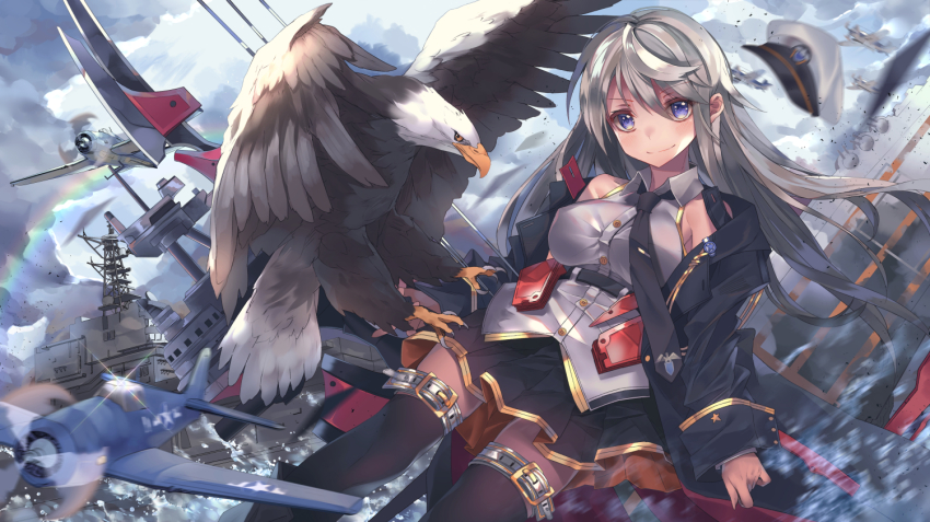 1girl aircraft airplane azur_lane bare_shoulders belt bird black_necktie black_skirt black_thighhighs blurry blush boots breasts buckle buttons cloud cloudy_sky collared_shirt eagle enterprise_(azur_lane) female_focus floating_hair grey_hair hair_between_eyes hat head_tilt lens_flare long_hair looking_at_viewer medium_breasts military military_uniform miniskirt necktie off_shoulder outdoors peaked_cap pleated_skirt purple_eyes rigging ship ship_turret shirt sidelocks skirt sky sleeveless sleeveless_shirt sleeves_rolled_up slumcat smile solo splashing thigh_strap thighhighs united_states unworn_hat unworn_headwear uss_enterprise_(cv-6) very_long_hair water watercraft white_shirt wind wind_lift