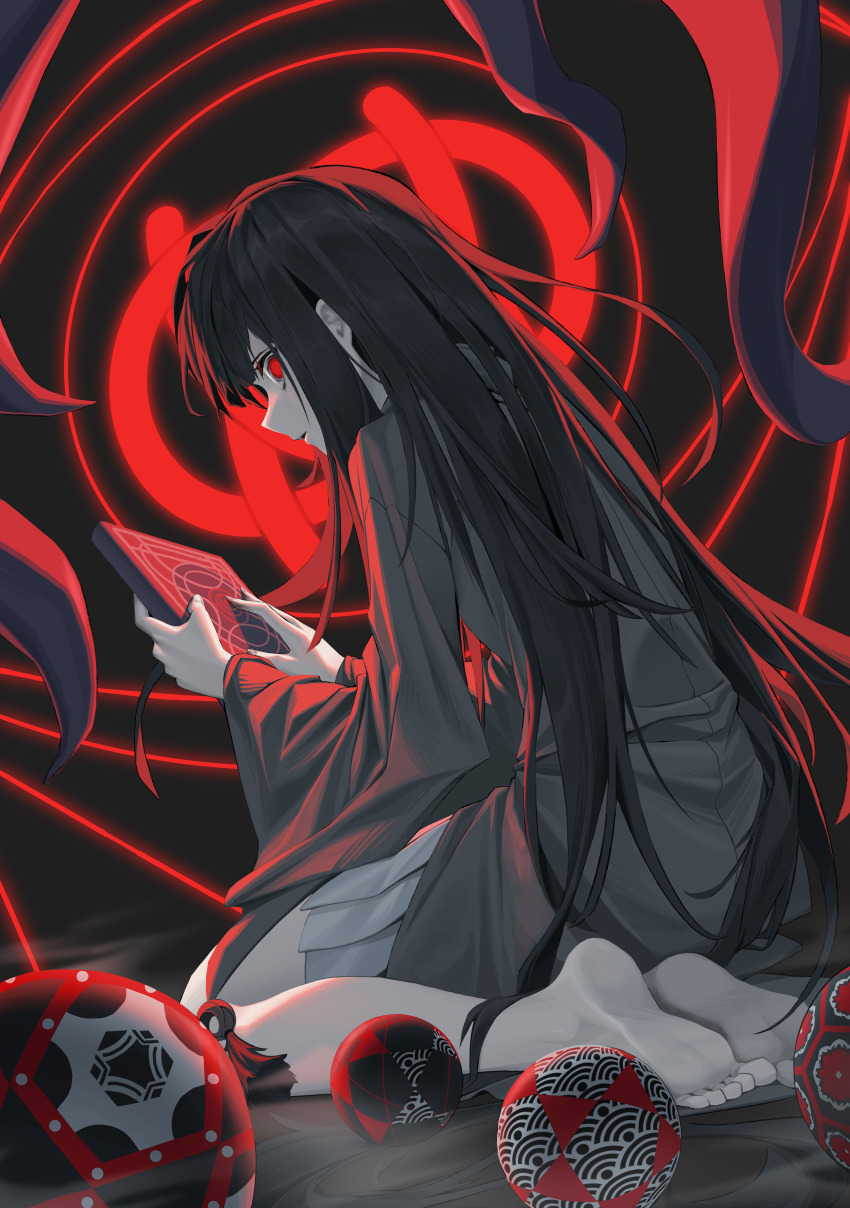 1girl absurdres alternate_costume ao-chan_(ninomae_ina&#039;nis) ball bare_legs barefoot black_hair black_haori blunt_bangs book commentary dress fingernails from_behind hanho haori highres holding holding_book hololive hololive_english japanese_clothes long_hair long_sleeves looking_at_viewer looking_back ninomae_ina&#039;nis parted_lips pleated_dress red_eyes seiza short_dress sitting soles solo string string_of_fate tassel temari_(ninomae_ina&#039;nis) temari_ball tentacles toes virtual_youtuber wide-eyed wide_sleeves
