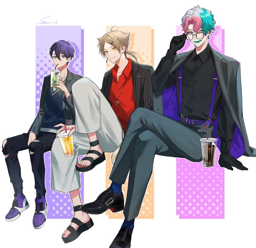 3boys adjusting_eyewear ahoge aqua_eyes aqua_hair aqua_lips arm_support artist_name belt belt_buckle black-framed_eyewear black_gloves black_jacket black_pants black_sandals black_shirt black_shoes blue_socks blue_sweater_vest brown_eyes brown_hair buckle buttons closed_mouth collared_shirt crossed_legs cup disposable_cup drink drinking_straw drinking_straw_in_mouth earrings eyeshadow facial_mark fingernails fushimi_gaku glasses gloves green_eyes grey_jacket grey_pants hair_ornament hairclip halftone halftone_background hand_up hashtag-only_commentary highres holding holding_cup invisible_chair jacket jacket_on_shoulders jewelry joe_rikiichi kenmochi_touya knee_up long_fingernails long_sleeves looking_at_viewer low_ponytail makeup male_focus medium_hair multicolored_hair multicolored_shoes multiple_boys nail_polish necklace nijisanji open_clothes open_jacket orange_background pants parted_bangs pink_background pink_hair ponytail purple_background purple_belt purple_hair purple_shoes red_eyeshadow red_nails red_shirt sandals saw_(dtn_error) sharp_fingernails shirt shoes short_hair signature sitting smile socks striped_clothes striped_jacket stud_earrings suspenders sweater_vest teardrop_facial_mark toenail_polish toenails torn_clothes torn_pants triangle_necklace vertical-striped_clothes vertical-striped_jacket virtual_youtuber white_background white_pants white_shirt white_shoes wing_collar
