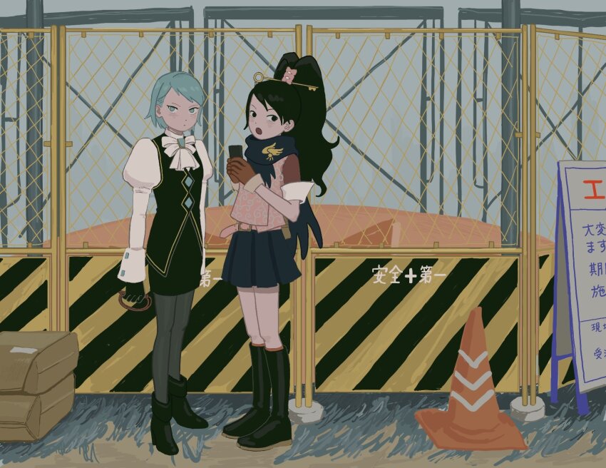 23011620x 2girls ace_attorney ace_attorney_investigations ascot black_footwear black_gloves black_hair black_skirt black_vest blue_eyes blue_hair blue_scarf boots earrings fence franziska_von_karma full_body gem gloves green_eyes grey_pantyhose high_heel_boots high_heels high_ponytail highres jewelry juliet_sleeves karakusa_(pattern) kay_faraday key long_hair long_sleeves mole mole_under_eye multiple_girls open_mouth outdoors pantyhose pencil_skirt pleated_skirt ponytail puffy_sleeves scarf shirt short_hair short_sleeves skirt standing traffic_cone vest white_shirt